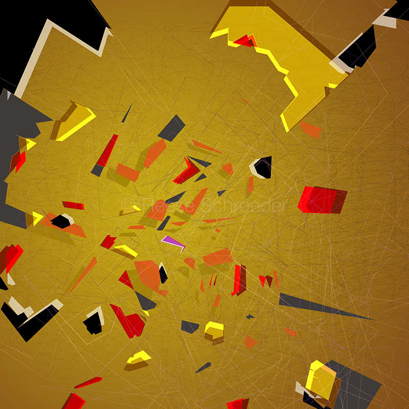 Complexity looks like red, yellow, gray and black shapes in motion over a golden bronze background.