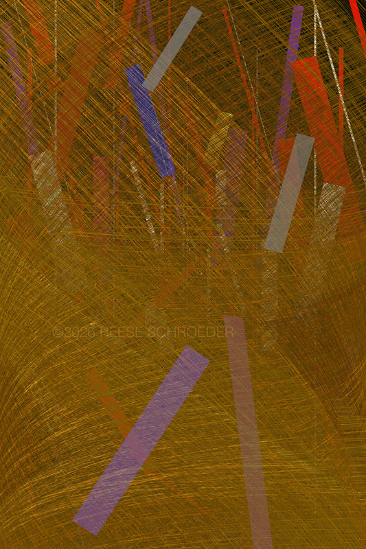 Artwork of bronze fibers swirling around rising rectangular forms