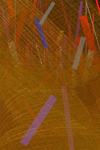 Artwork of bronze fibers swirling around rising rectangular forms