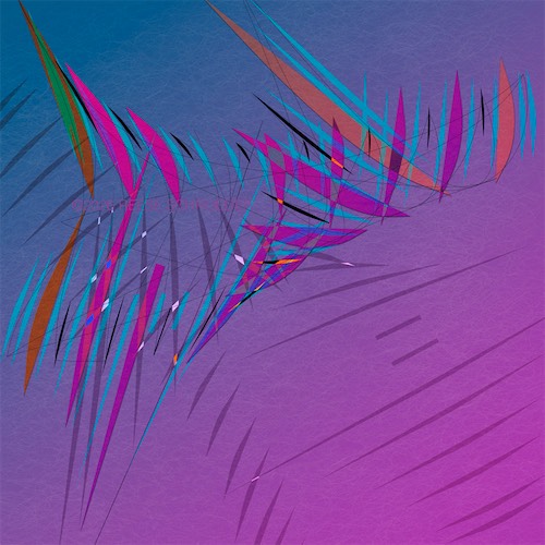 A whimsical artwork of blue and purple with featherlike geometries.