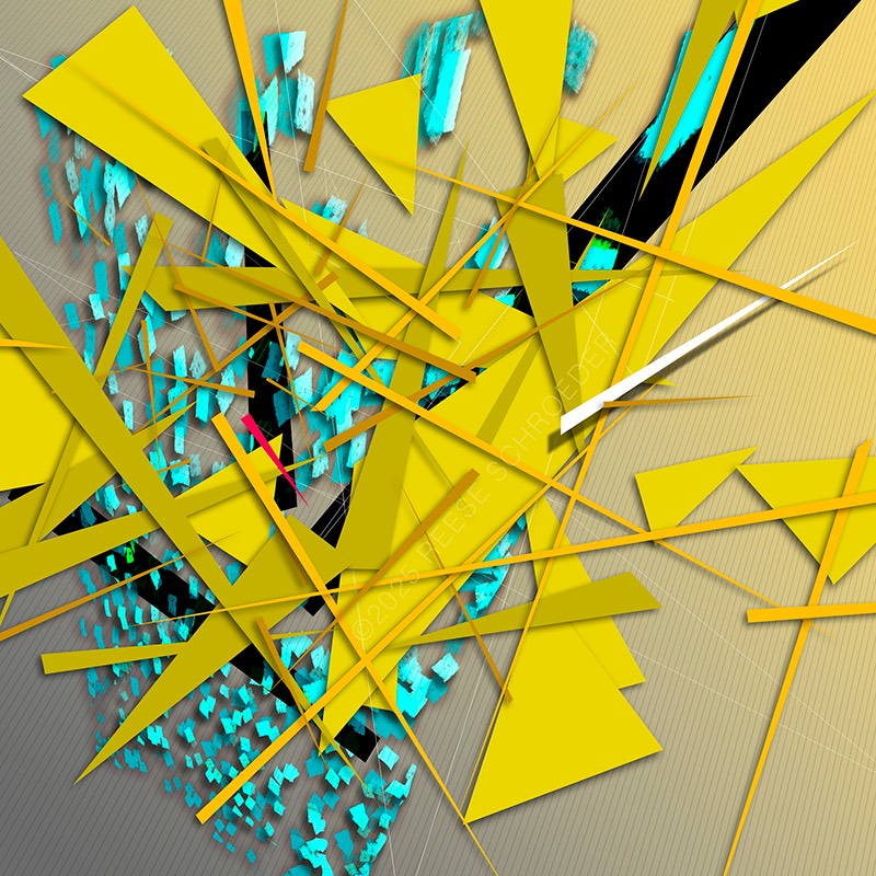 An illusionary artwork of yellow triangles with cascading teal shapes appearing three-dimensionally beyond.
