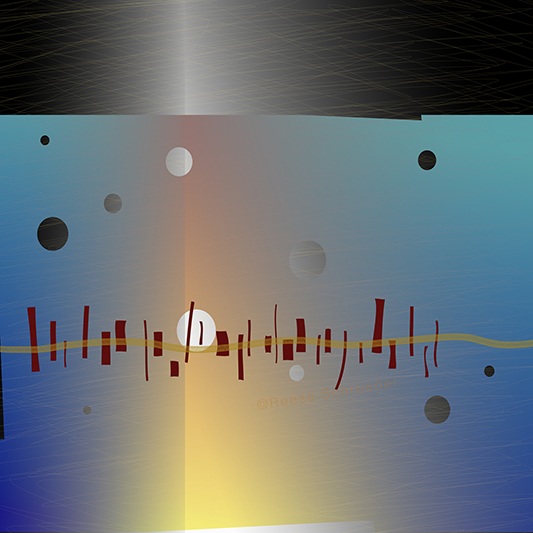 A surrealist blue and black artwork with light emanating vertiically through the piece.
