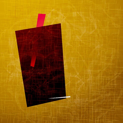 An artwork with a red rectangle over a golden background with subtle line patterns.