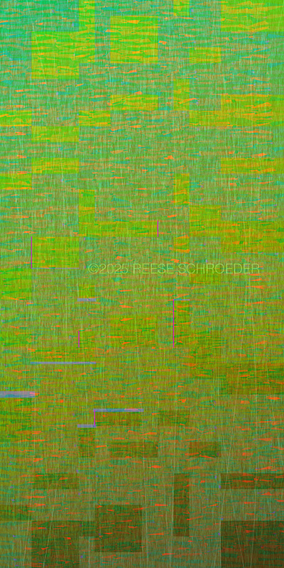 Artwork of bronze fibers swirling around rising rectangular forms