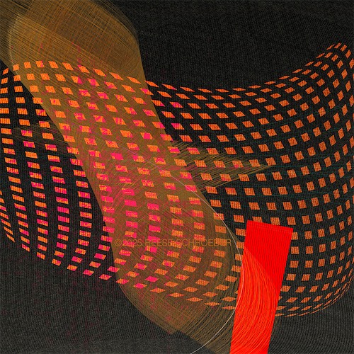 An artwork with red patterned rectangles wafting across a dark background.  A fine gold mesh appears behind in contrast.