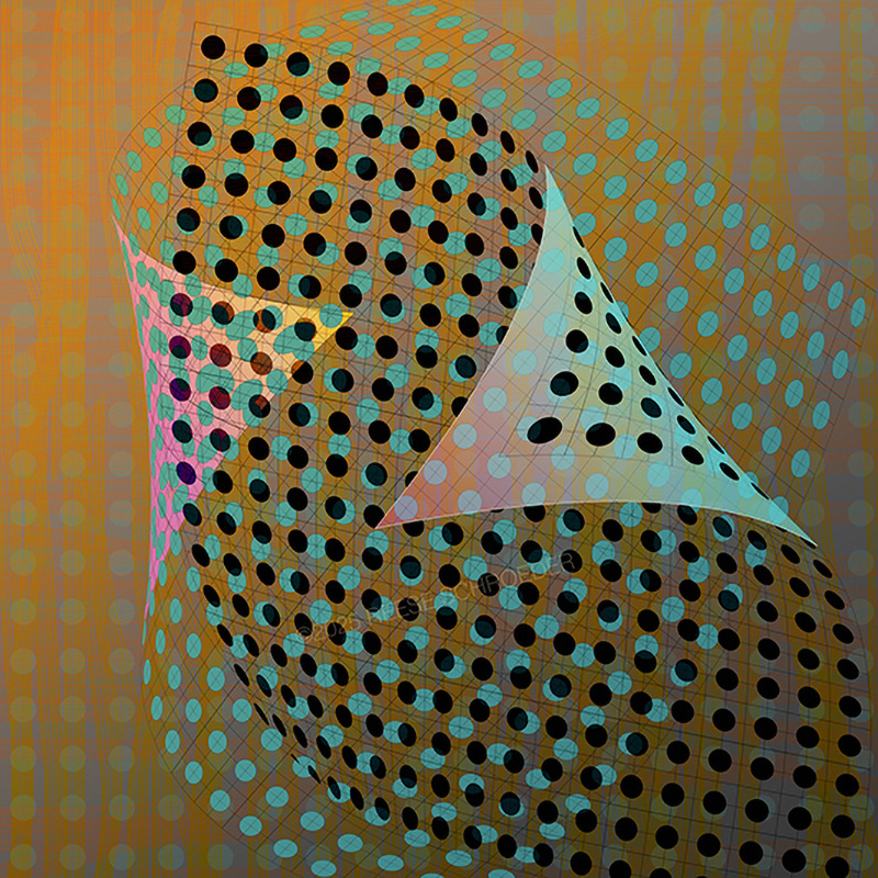 Patterned black dots floating, bending around as if embracing a whisper.